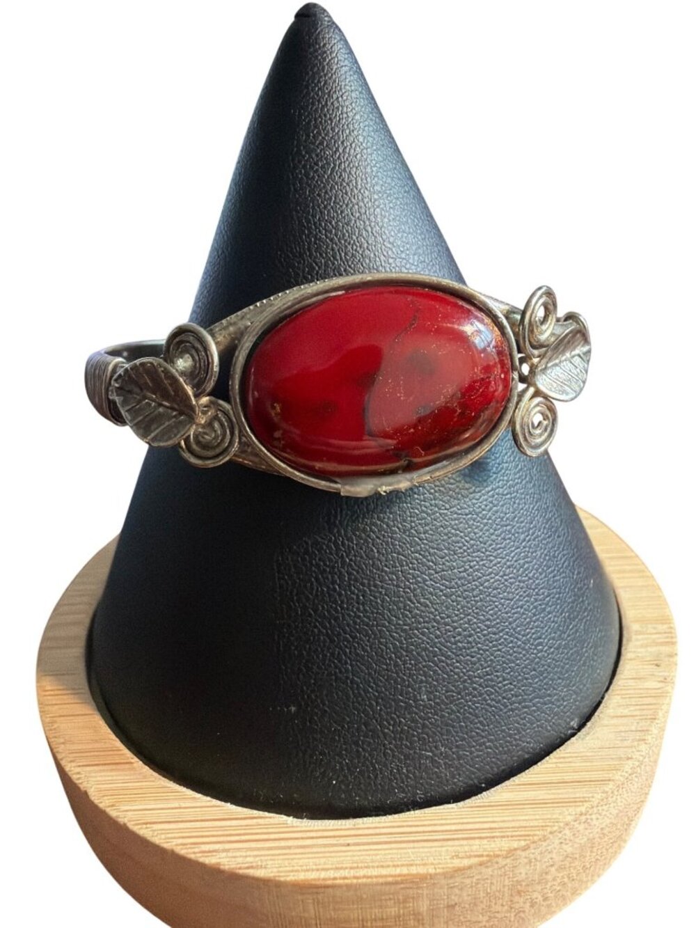 Vintage Silver Tone Cuff Bracelet Red Jasper Leaf Swirl Adj Boho Earth Estate 7"